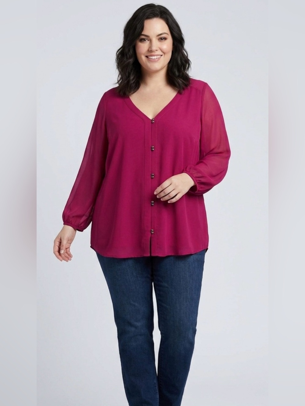 Naked Zebra Magenta V-Neck Button Front Blouse